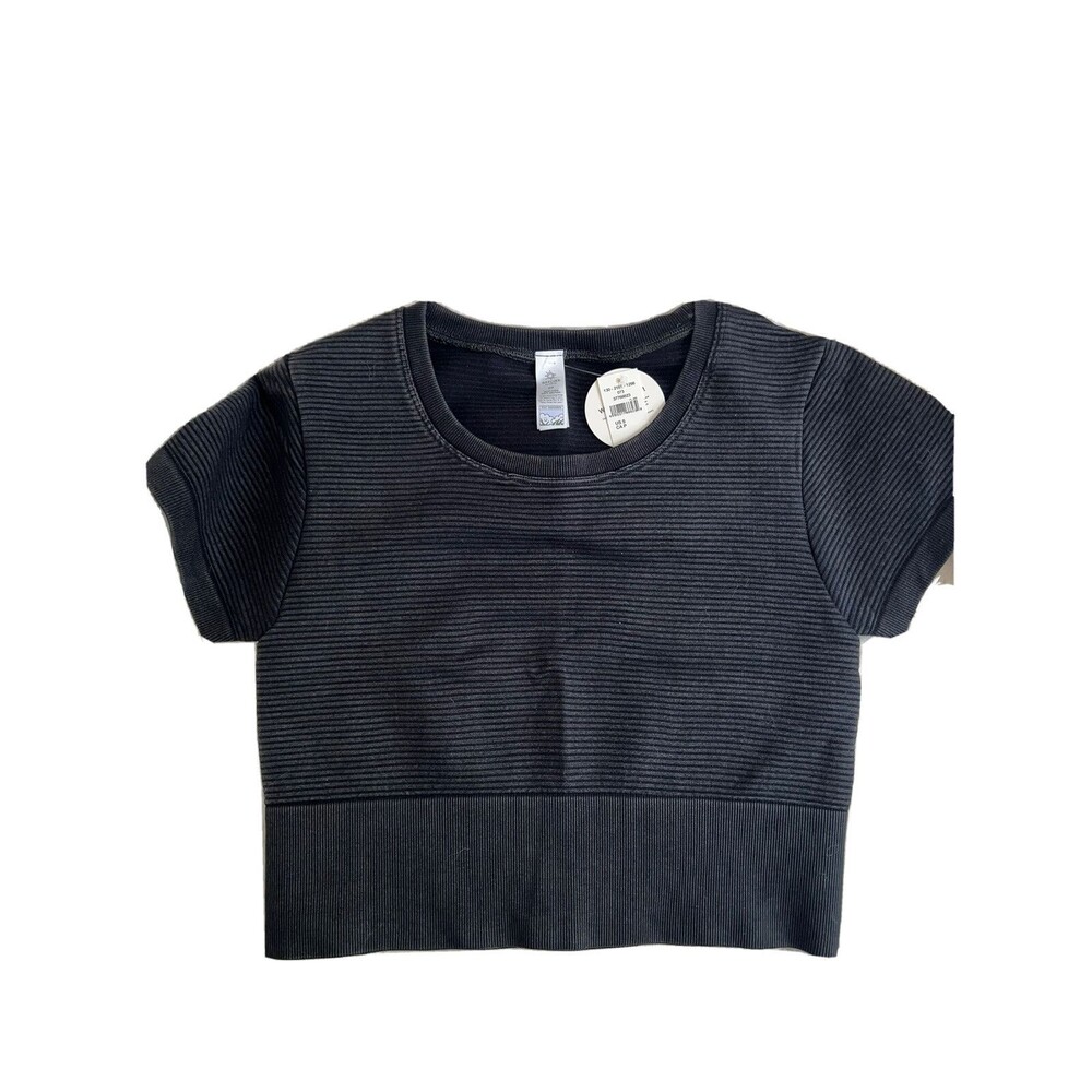 Aerie OFFLINE Sz S American Eagle Seamless Ribbed Cropped Shirt, True Black, NWT